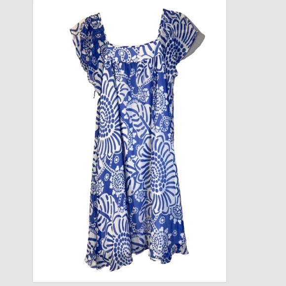 Anthropologie Tibi Silk Dress 6 Blue Ivory Short Sleeve Relaxed Fit Shift Flowy - Picture 2 of 15